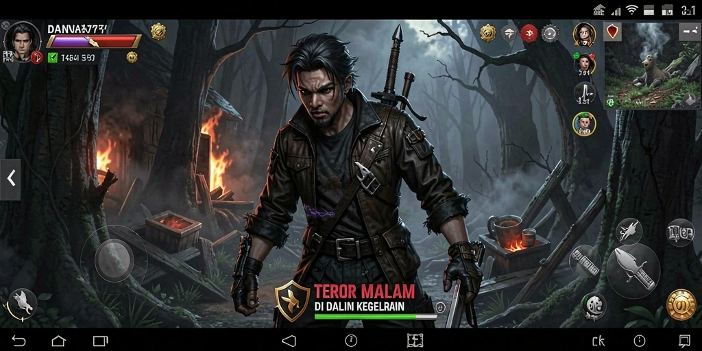 Tampilan gameplay DANA777 yang menampilkan suasana menyeramkan dan menegangkan.