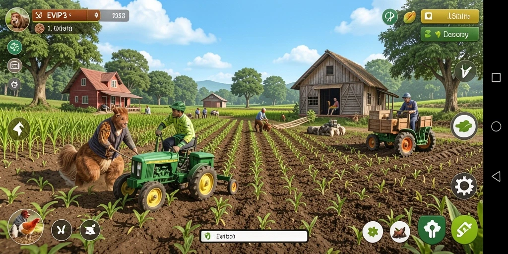Screenshot gameplay EVIP3 yang menampilkan ladang pertanian yang luas dan subur.