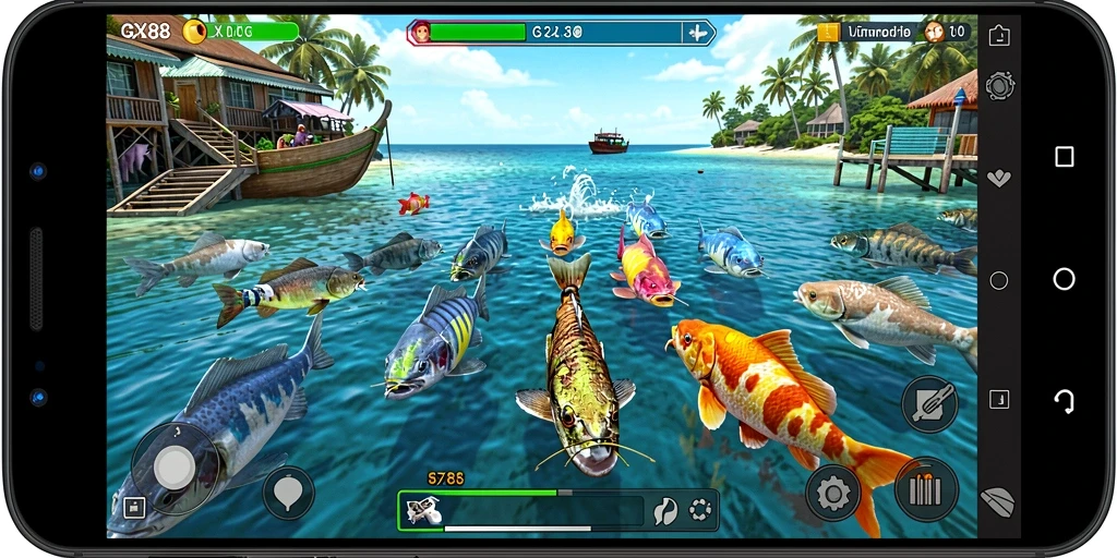 Tampilan gameplay seru dengan berbagai ikan untuk ditembak.