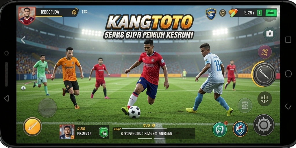 Screenshot utama KANGTOTO menampilkan momen seru dalam pertandingan sepak bola.