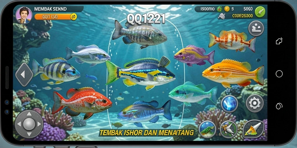 Tampilan utama QQ1221 menampilkan aksi seru menembak ikan.