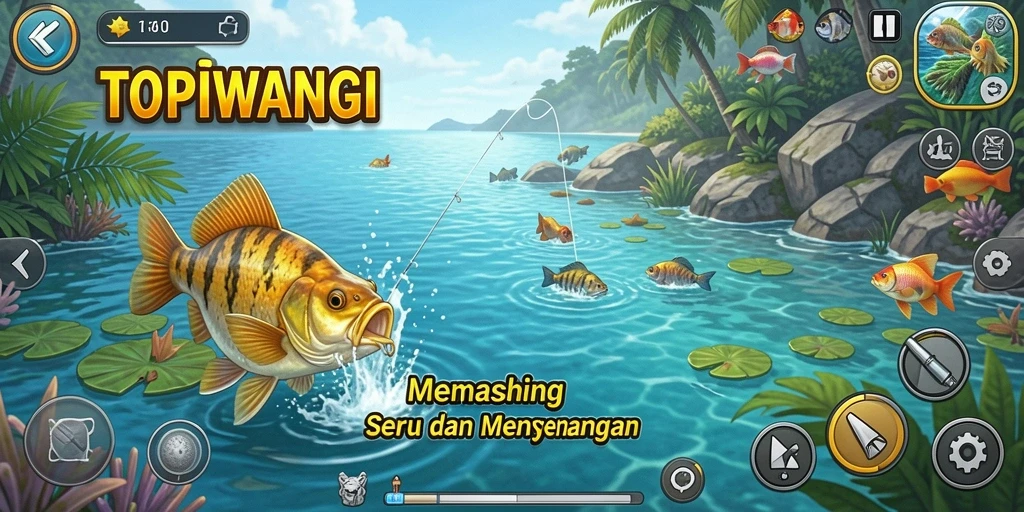 Screenshot utama gameplay TOPIWANGI, menunjukkan keseruan memancing.